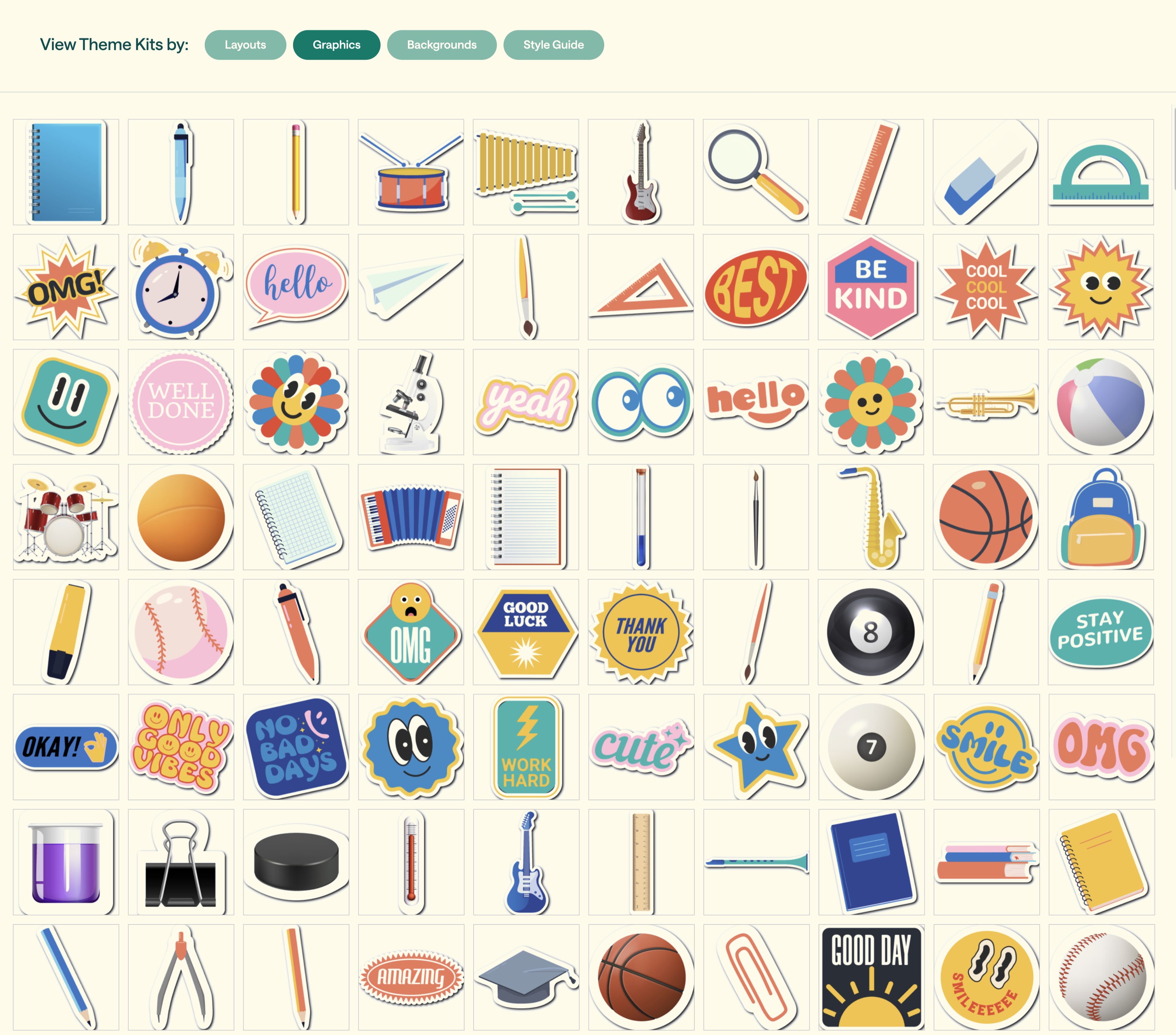 The Graphics view inside the Stick Together theme kit, showing a colorful grid of 100+ illustrated stickers and graphic elements available for use in the yearbook.