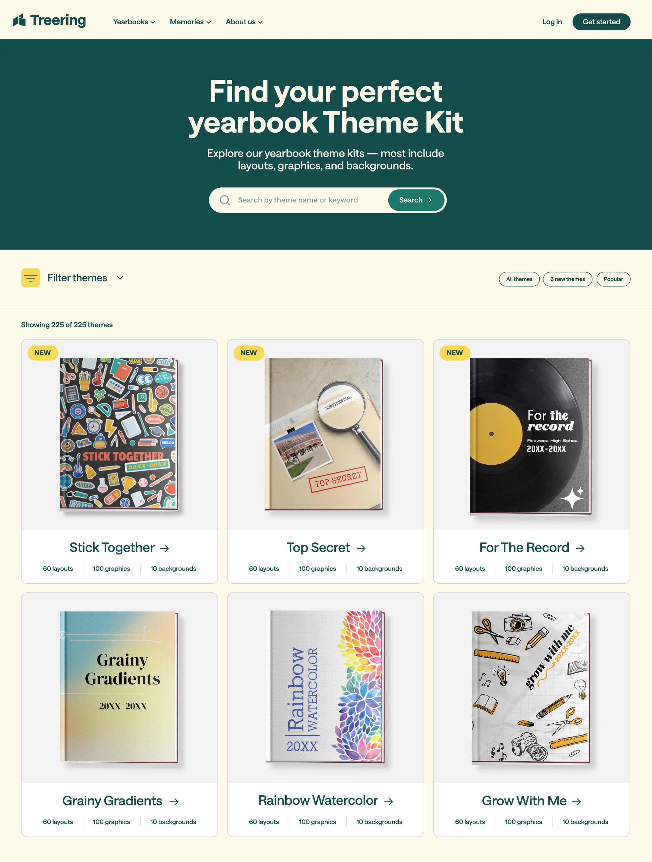 The Theme Kit Finder home page, with a search bar, filters for color, grade, and style, and a grid of yearbook theme covers including Stick Together, Top Secret, For The Record, Grainy Gradients, and Rainbow Watercolor.