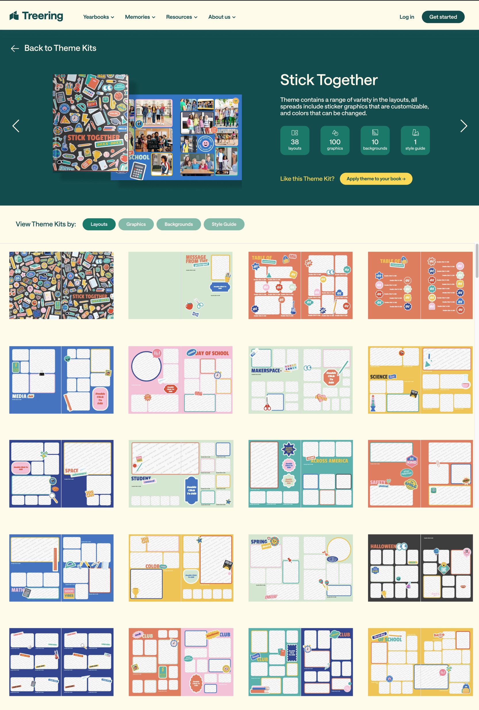 The Layouts view inside the Stick Together theme kit, showing a grid of pre-designed yearbook page templates for events, clubs, and other common content.