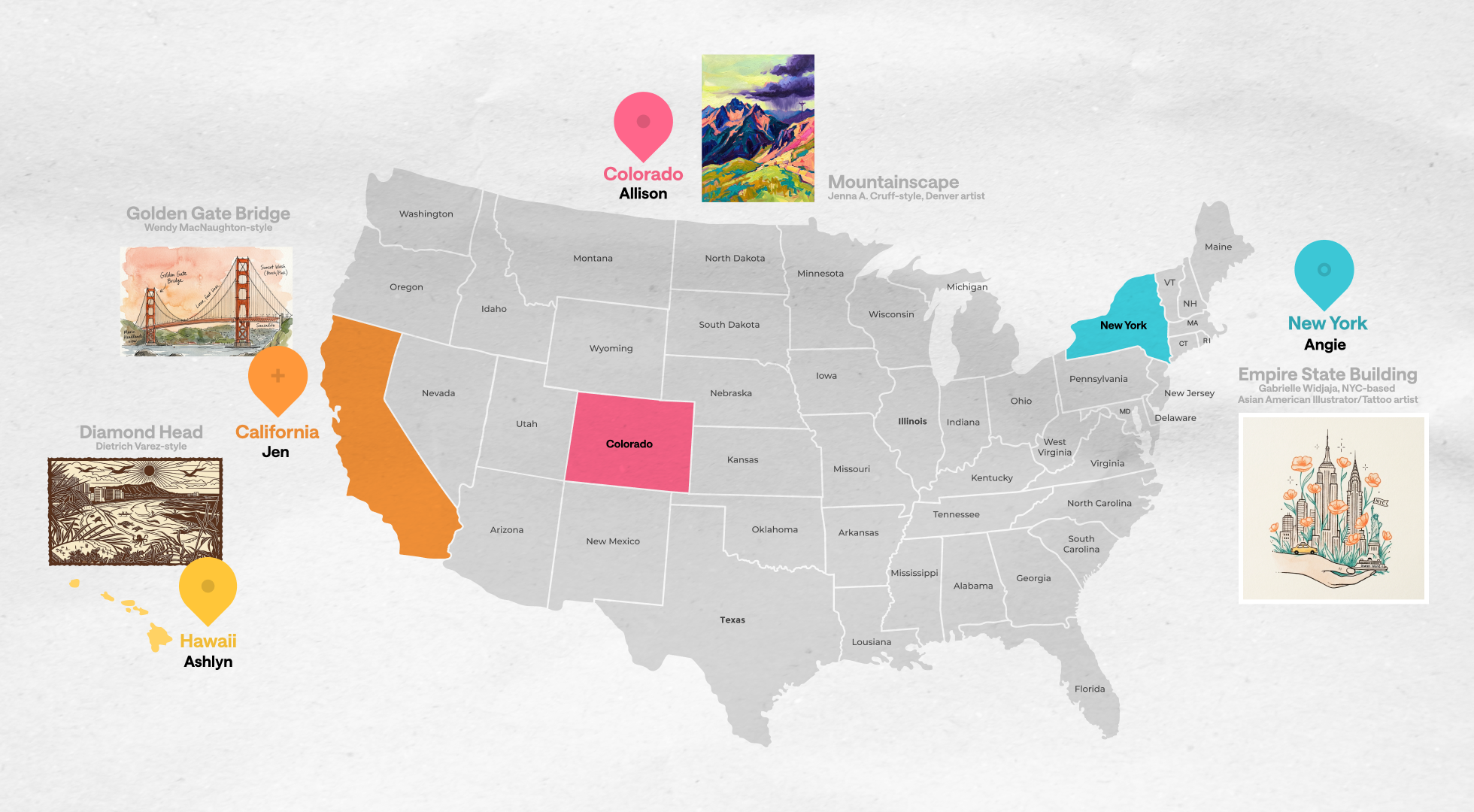 Map of the United States showing the four Treering designers’ locations: Ashlyn in Hawaii, Jen in California, Allison in Colorado, and Angie in New York. Each pinned with an AI-generated landscape icon rendered in the style of a local artist.